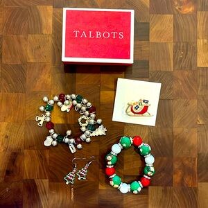 4 piece Christmas jewelry set, Talbots pin, 2 bracelets, dangle earrings, 1 box